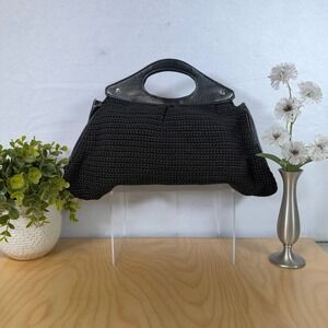 Black Crochet Knit Handbag with Faux Leather Handles Boho Retro Clutch Y2K Style